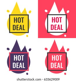 Hot deal. Vector set flat badges illustrations on white, red, yellow background.