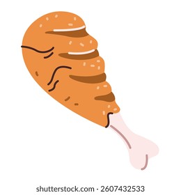 Hot delicious grilled chicken drumstick. Vector illustration of fried chicken leg in flat style, isolated on a white background