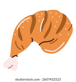 Hot delicious grilled chicken thigh. Vector illustration of fried chicken leg in a flat style, isolated on a white background