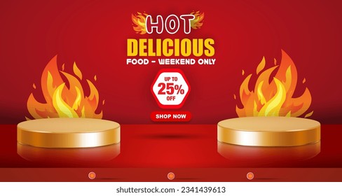 hot delicious menu discount with landscape template banner and copy space 3d podium for product sale with abstract gradient red background design