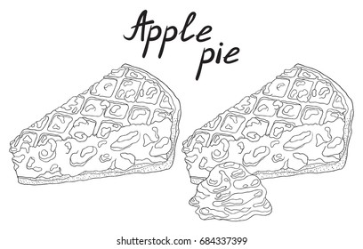 Hot delicious piece of apple pie with vanilla ice cream. Hand drawn isolated illustration with the inscription on a white background