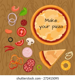 Hot delicious tasty pizza in flat style. Vector illustration of pizza and ingredients: tomato; salami; pepperoni; ham; calamari; mushroom; pepper; onion; pineapple, shrimp, olive.