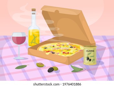 Hot and deliciously smelling pizza on table. Cartoon vector illustration. Pizza, olives in jar, wine in glass, olive oil in bottle. Food, Italian cuisine, menu concept for banner design, landing page