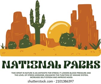 Hot desert with cactus and sun. National park scenery sunset in vector. Suitable as a t shirt front print or retro poster