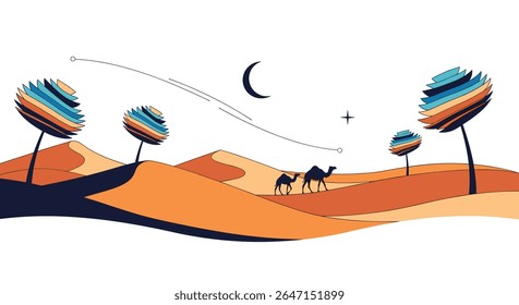 Um deserto quente com uma noite de caravana de camelo