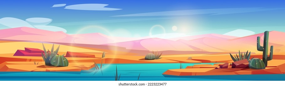 Hot desert landscape with oasis and sand dunes. Nature panorama of african desert with river or lake, plants and cactuses on shore, vector cartoon illustration