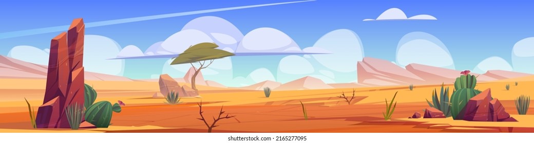 Hot desert landscape with sand, cactuses, rocks, acacia tree and grass. Vector cartoon illustration of african desert panorama with stones, dune, plants and mountains on horizon