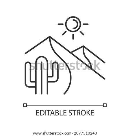 Hot desert linear icon. High temperature sandy land. Large dry area. Low precipitation region. Thin line customizable illustration. Contour symbol. Vector isolated outline drawing. Editable stroke