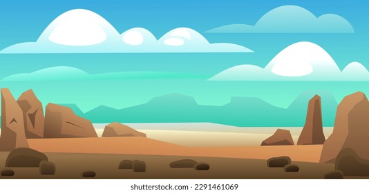 Hot desert sand and cliff. Rocky landscape with stones. Cartoon fun style. Sky blue and clouds. Flat design. Mountains in distance horizon. Vector
