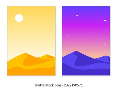 Hot desert, sand dunes during the day, night desert, starry sky, sunny day. Desert landscape background for poster, cover, banner. 