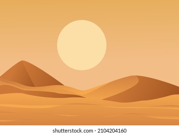 Hot desert with setting sun landscape. Yellow large disc hanging on sand dunes arid plain without plants and animals disastrous dry place arizona wilderness. Vector cartoon background.