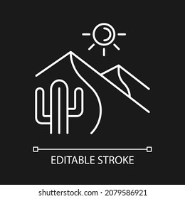 Hot desert white linear icon for dark theme. High temperature sandy land. Large dry area. Thin line customizable illustration. Isolated vector contour symbol for night mode. Editable stroke