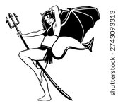 Hot Devil Girl Dancing with Trident. Black and white vector clipart in pin up, pop art style.