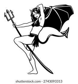 Hot Devil Girl Dancing with Trident. Black and white vector clipart in pin up, pop art style.