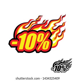 hot discount of 10%, colored blazing inscription with a flame, tongues of fire, flash. EPS 10 Isolated Vector Illustration