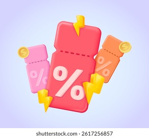 Hot discount coupon tags with lightning, coins and confetti in pseudo 3D style for sales and promotions. 3d vector illustration.