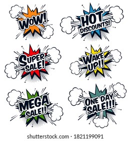 hot discounts comic speech bubbles pop art vector illustration