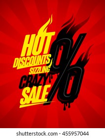 Hot discounts sizzling crazy sale vector design concept, burning percents against deep red rays backdrop