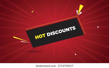 Hot Descontos web banner vetor arte modelo design emblema ícone etiqueta preto cinza formas branco amarelo negrito texto escuro vermelho luz sol abstrato fundo negócio perfeito venda promocional