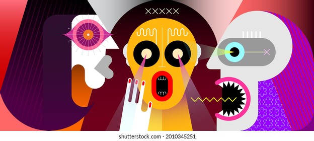 Hot discussion. Three people have a heated argument. Modern art vector illustration.