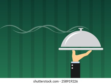 Hot dish in a hand of the waiter