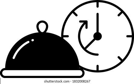 Placa de plato caliente con símbolo de reloj sobre fondo blanco, símbolo de entrega de comida sin contacto Coronavirus sobre fondo blanco, signo de entrega de tentempiés sin contacto, concepto de tiempo de cocción de alimentos, 