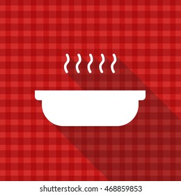 Hot dish in plate vector icon on red tablecloth texture with long shadow design 