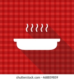 Hot dish in plate vector icon on red tablecloth texture with long shadow design 