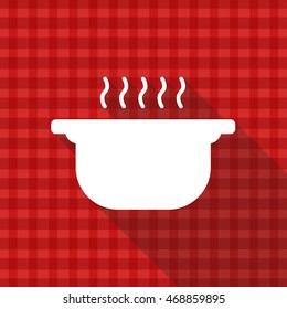 Hot dish in plate vector icon on red tablecloth texture with long shadow design 