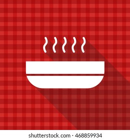 Hot dish in plate vector icon on red tablecloth texture with long shadow design 