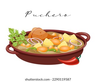 Plato caliente Puchero, verduras cocidas con carne, cocina latinoamericana. Ilustración alimentaria, vector	
