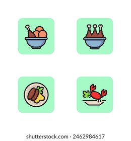 Hot dishes in cafe line icon set. Bowl with chicken legs, chicken leg and zrazy, fresh crab, cutlets and ragout. Menu concept. Vector illustration for web design