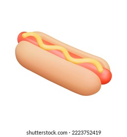 Hot dog 3d icon. Sausage in a cut bun with sauce. Isolated object on transparent background