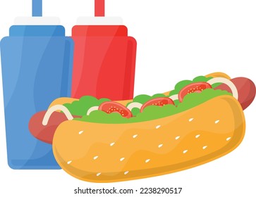 hot dog with added mustard as condiment concept, tube steak with different sauces bottle vector icon design, Fast Food symbol, Junk food sign, popular inexpensive good taste snacks stock illustration 