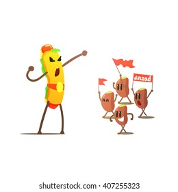 Hot Dog Against Beans Cartoon Fight Flat Vector Funny Illustration In Childish Style On White Background