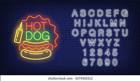 Hot dog and alphabet neon sign set. Sausage loaf, mustard and white letters and numbers. Night bright advertisements. Vector illustrations in neon style for fast food restaurant