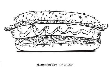 Hot dog, american fast food, black and white vector image, illustration for the menu, coloring book for adults and children