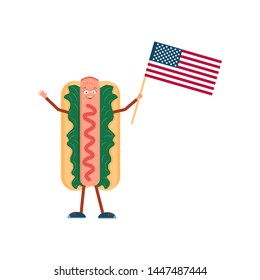 Hot dog with American flag. Vector flat illustration. Fast-food meal. Street lunch. Happy hot dog invite you to try delicious food. National holiday