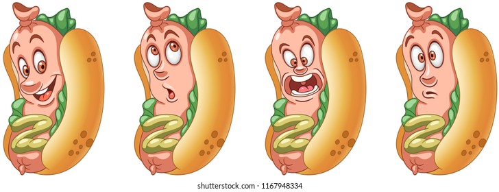 Hot Dog. American Hotdog. Fast Food concept. Emoji Emoticon collection. Cartoon characters for kids coloring book, colouring pages, t-shirt print, icon, logo, label, patch, sticker.