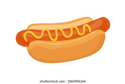 Hot dog, American snack with sausage and mustard sauce between long buns. Yummy hotdog. Unhealthy fast food with frankfurter. Fastfood sandwich. Flat vector illustration isolated on white background