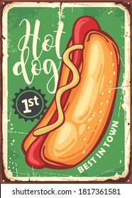 Hot dog American style vintage sign design template on green background. Fast food menu poster. Vector hotdog illustration.