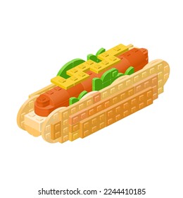 Hot dog assembled from plastic blocks and bricks in isometry. vector clipart