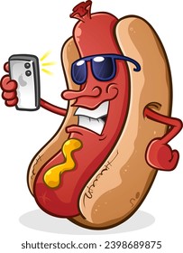 Hot dog with attitude cartoon character taking a selfie and posting his status updates to his thousands of social media followers and looking super cool while doing it vector clip art