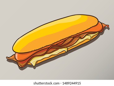 Hot dog with bacon and cheese. Vector illustration