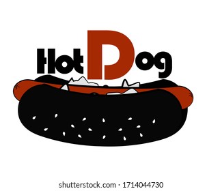 Hot dog, badge, emblem, isolated. Flat black and white vector. Logo, banner. The concept of stylish healthy fast food.