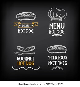 Hot dog badges and menu design elements.