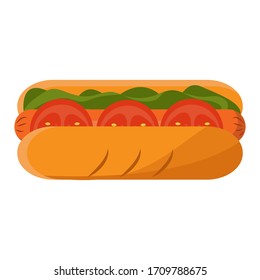 Hot Dog. Baguette with sausage, salad and tomatoes. Fast food. Vector illustration in flat, cartoon style