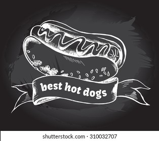 Hot dog and banner. Hand drawn vector Illustration. Poster on a blackboard. Menu template.