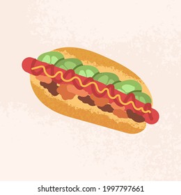 Hot dog barbeque fastfood illustration. Bun with pork sausage, onion, cucumbers, ketchup and mustard sauce on top. American junk food for break with friends isolated vector. 