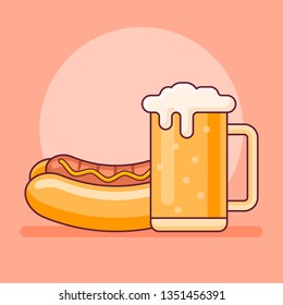 Hot dog and beer mug flat line icon. Fast food vector illustration.